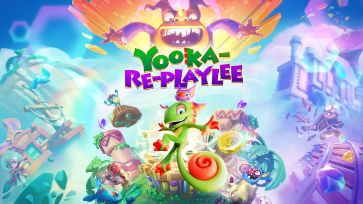 Yooka-Re-Playlee title screen with colorful characters and landscape in a fantasy setting.